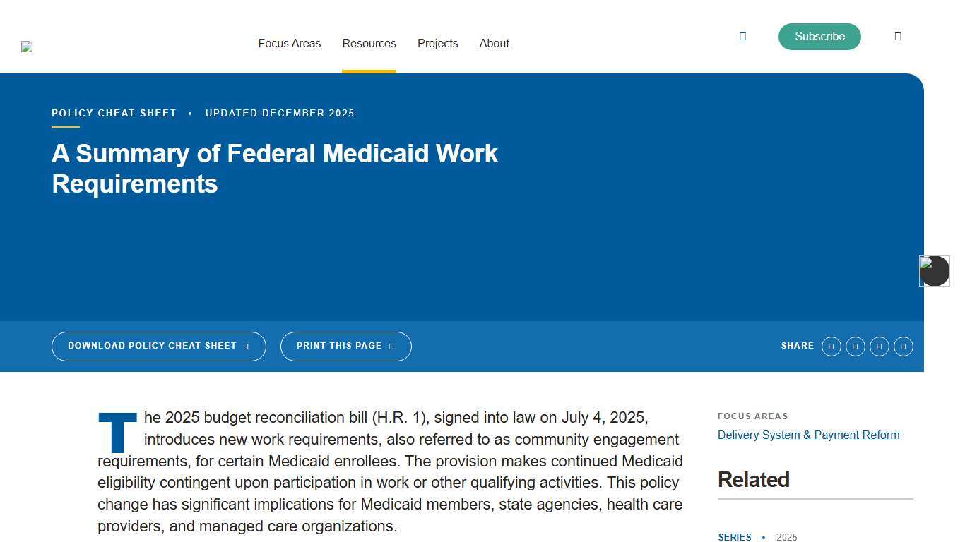 A Summary of Federal Medicaid Work Requirements - Center for Health Care Strategies
